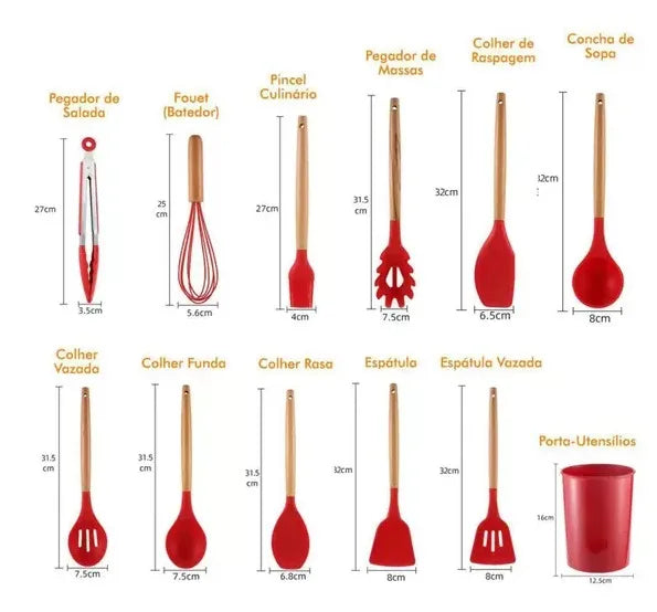 Kit Jogo 12 Peças - Utensílios de Cozinha de Silicone com Suporte